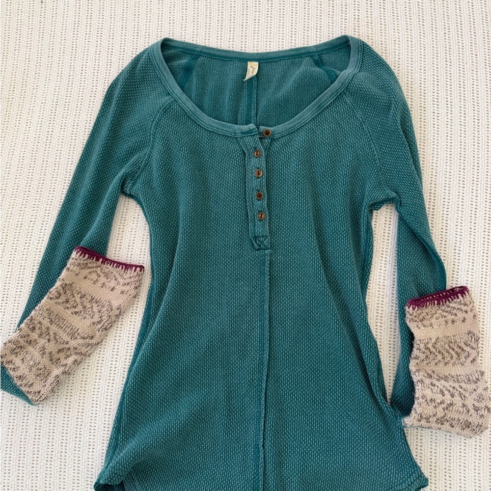 Free People Teal Long Sleeve Henley Top